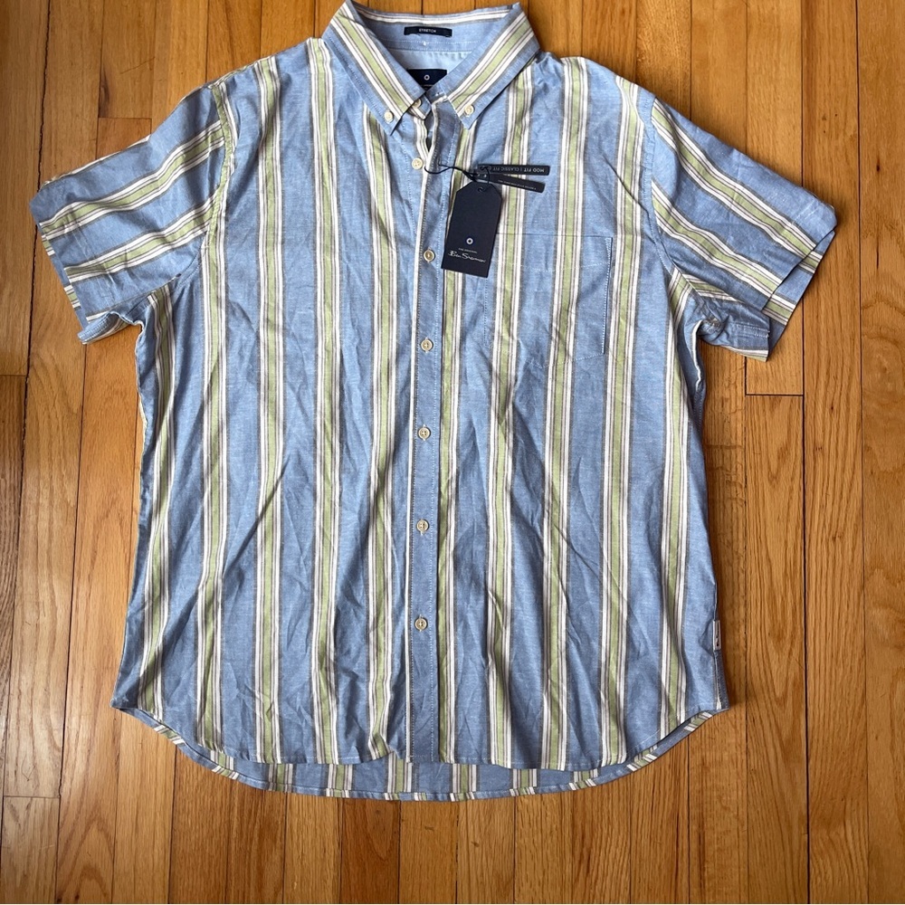 Ben Sherman Blue Green Striped Short Sleeve Button Down Shirt XL Stretch NWT